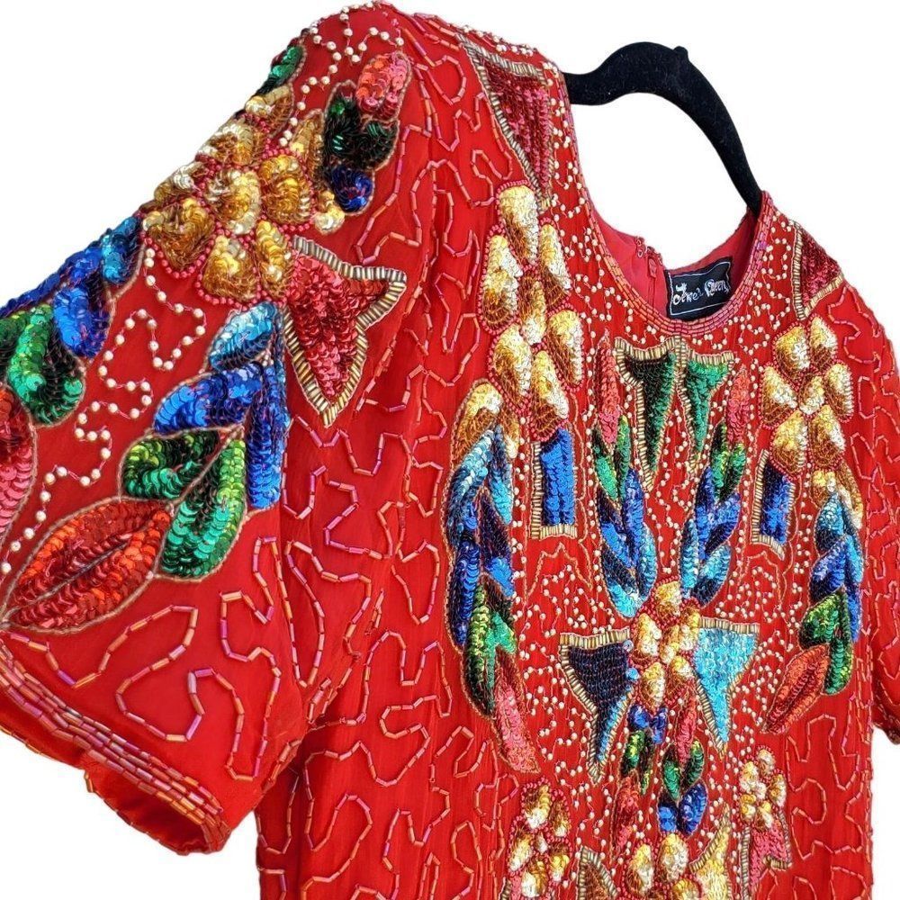 80s Cocktail Dress Short Formal Womens M Red Silk Beaded Embellished Jewel Queen - Picture 2 of 16